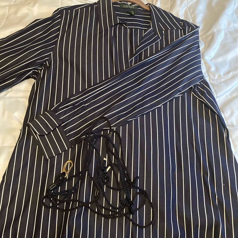 Ralph Lauren XL woman’s blouse. Never worn. NWOT. Navy blue with white stripes.